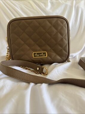Itzy Ritzy Taupe Quilted Crossbody with Gold Plate